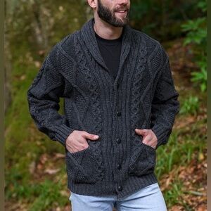 Aran Crafts Shawl Neck Diamond Merino Wool Cardigan Men’s Small